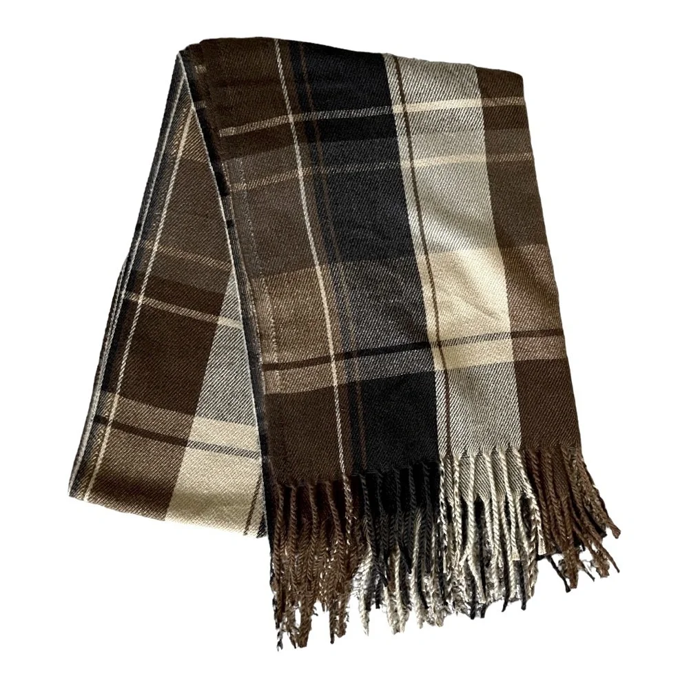 Oversized Brown Tan Plaid Blanket Scarf Wrap | Fringe Neutral Winter Shawl